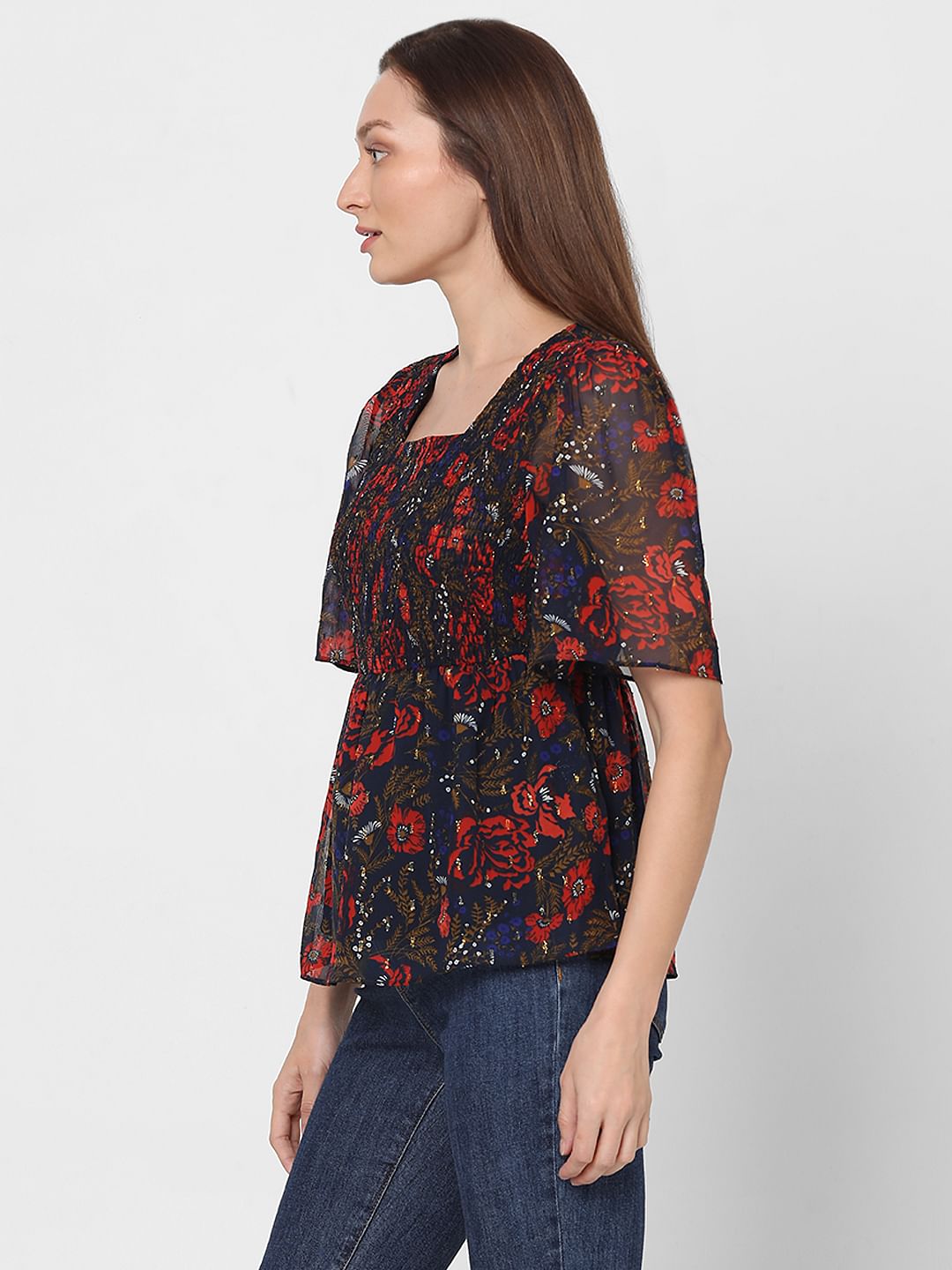 Navy Blue Rose Printed Top