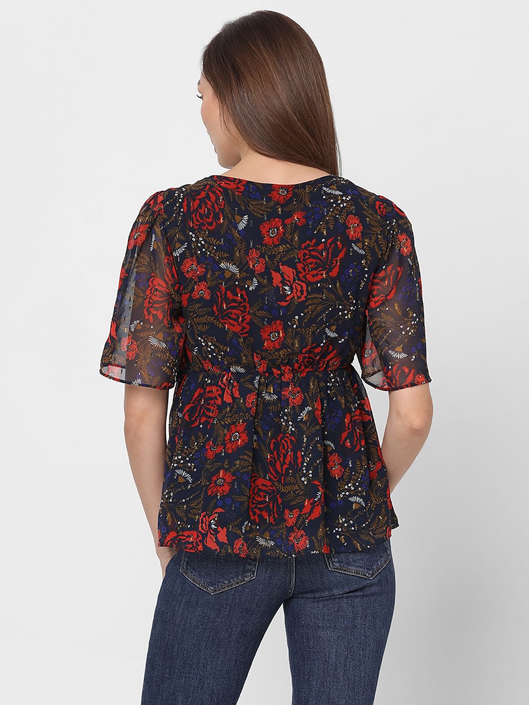 Navy Blue Rose Printed Top