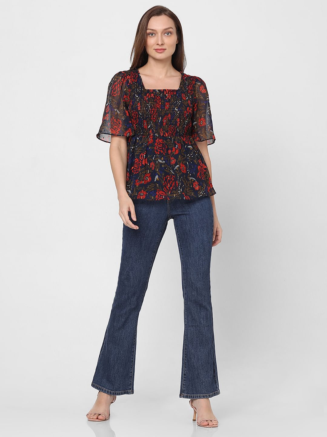 Navy Blue Rose Printed Top