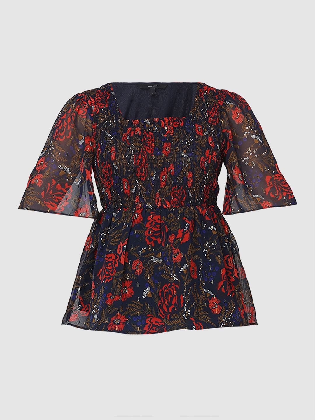 Navy Blue Rose Printed Top