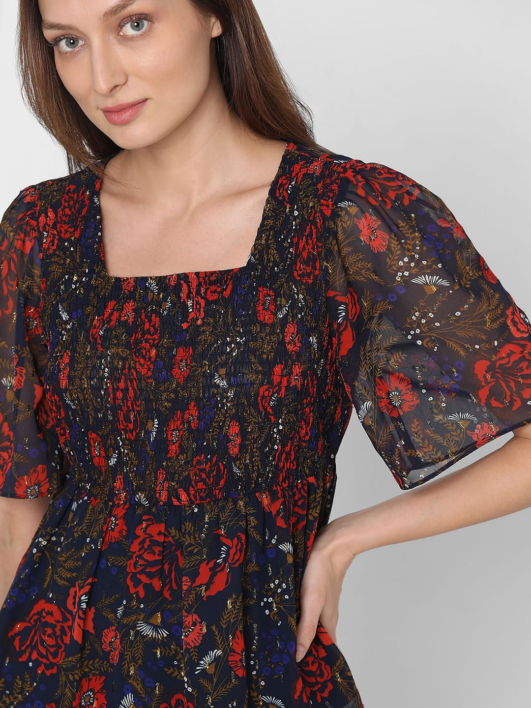 Navy Blue Rose Printed Top