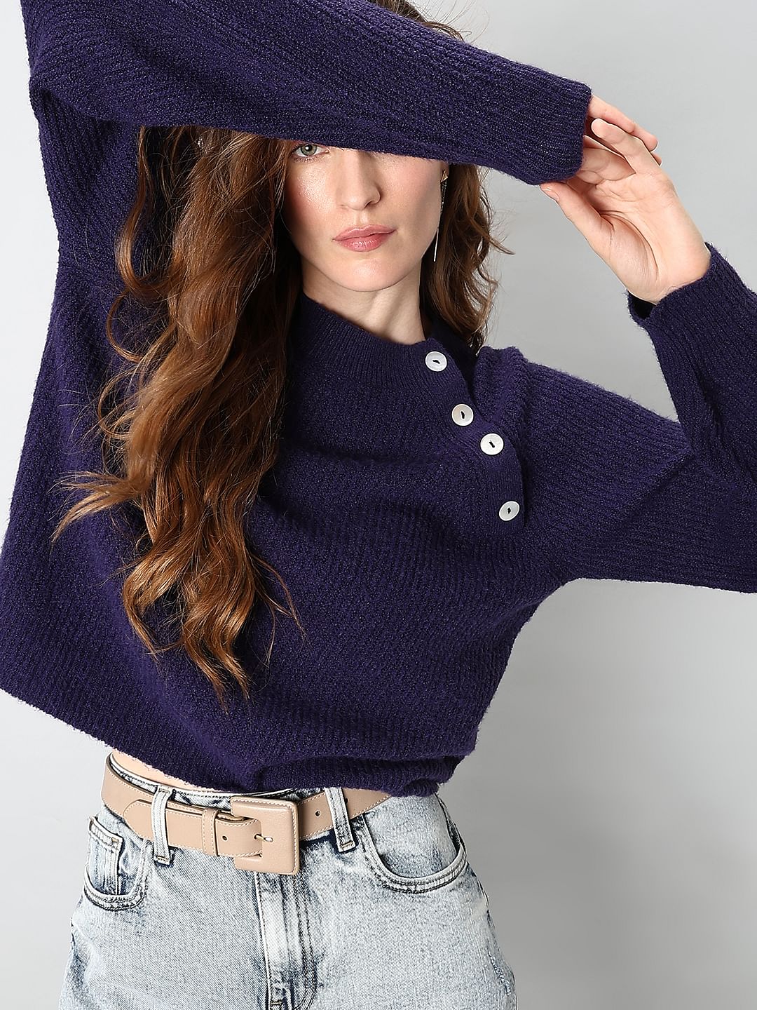 Navy Blue Button Detail Pullover