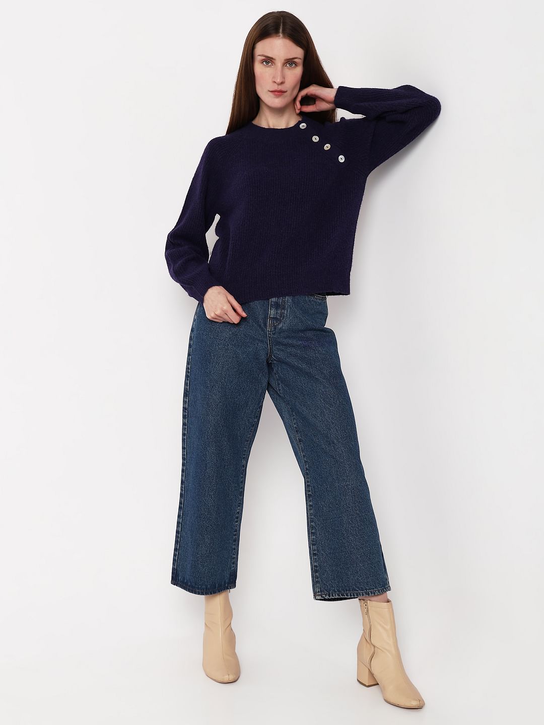 Navy Blue Button Detail Pullover