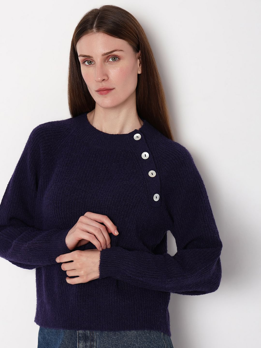 Navy Blue Button Detail Pullover