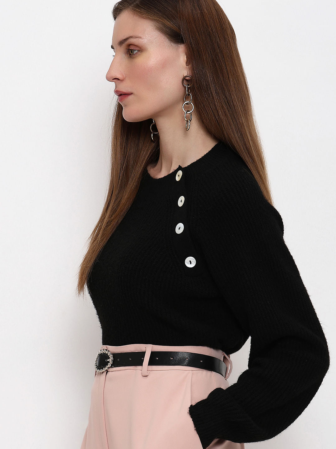 Black Metal Button Detail Pullover