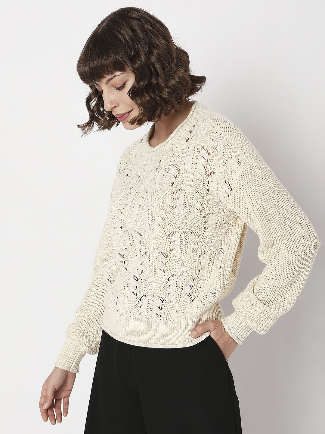 Beige Jacquard Knit Pullover