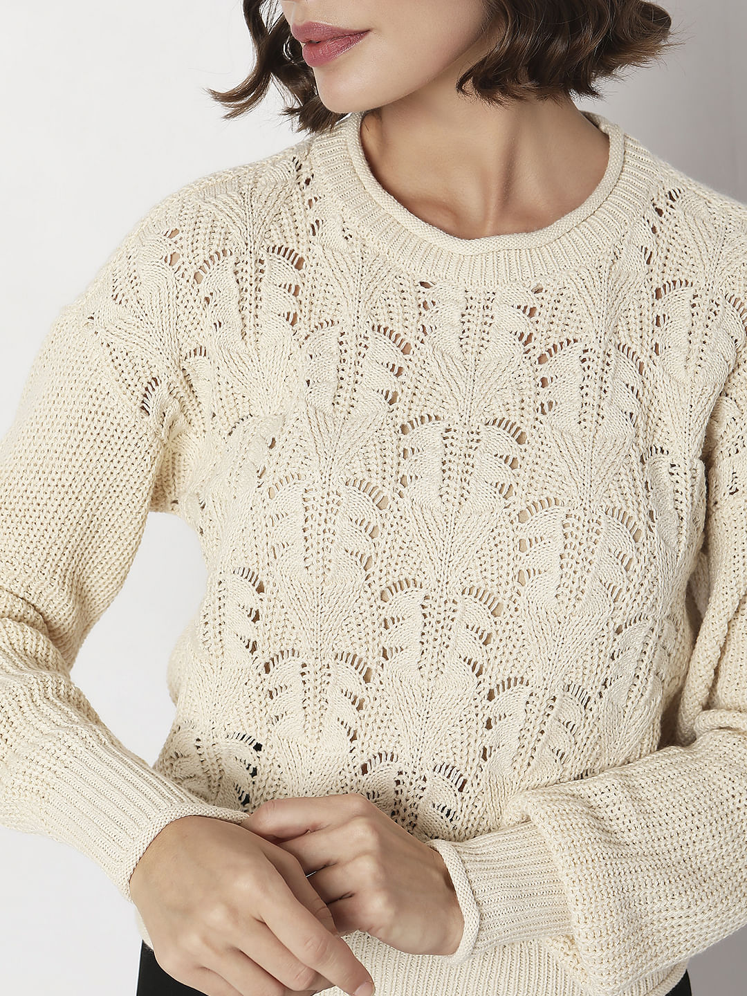 Beige Jacquard Knit Pullover