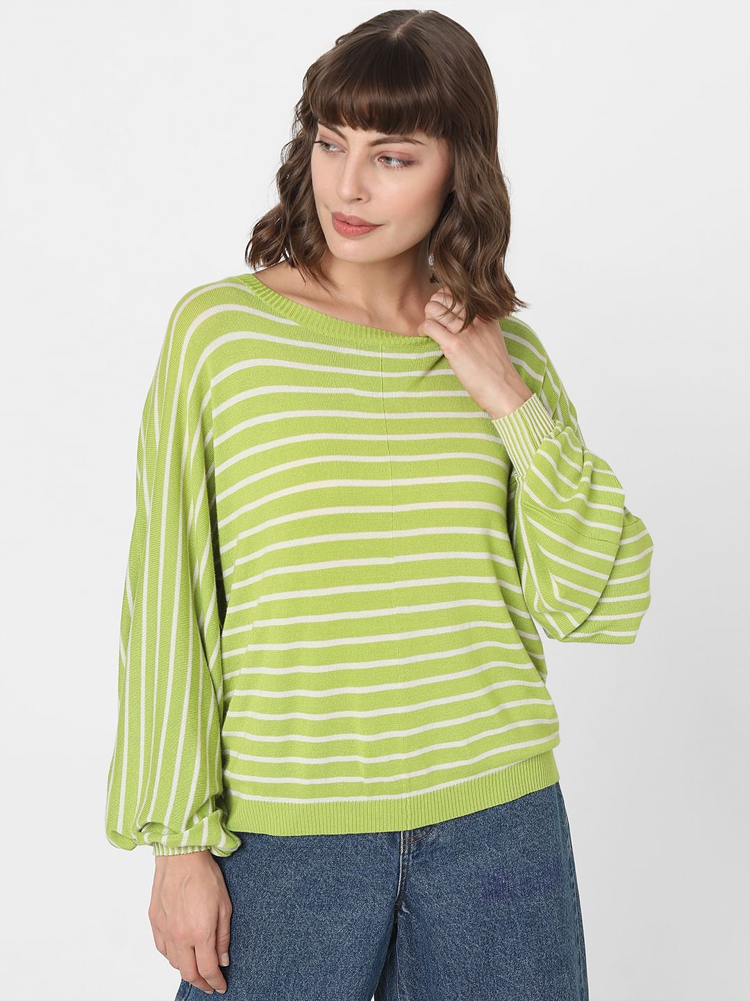 Green Striped Balloon Sleeves Pullover