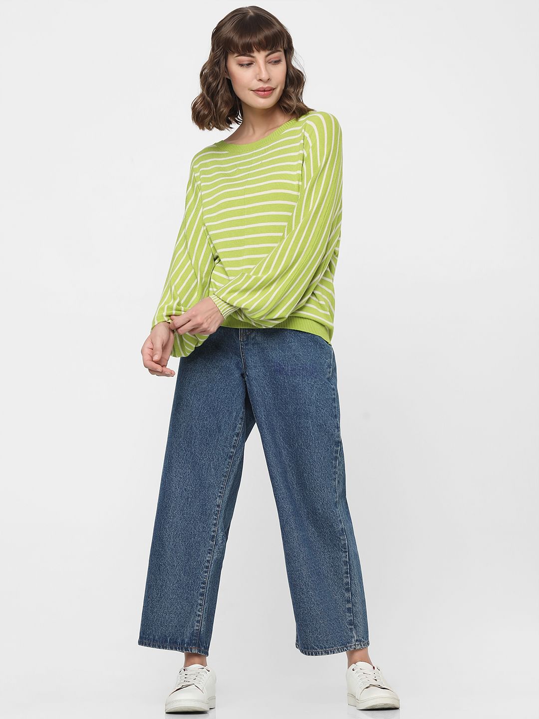 Green Striped Balloon Sleeves Pullover