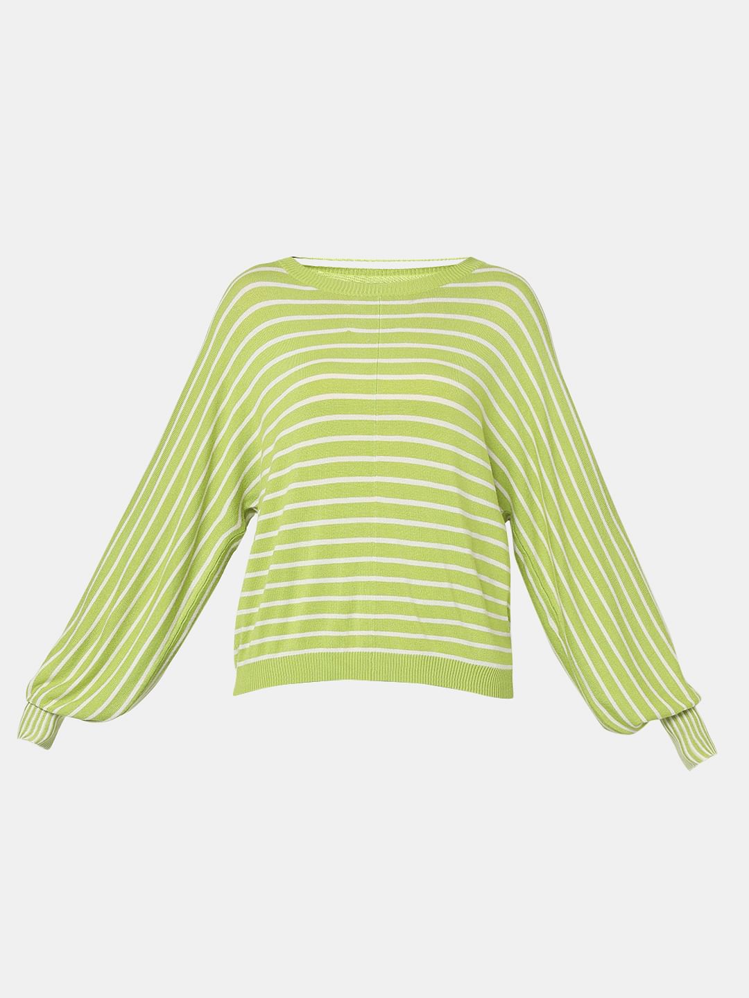 Green Striped Balloon Sleeves Pullover