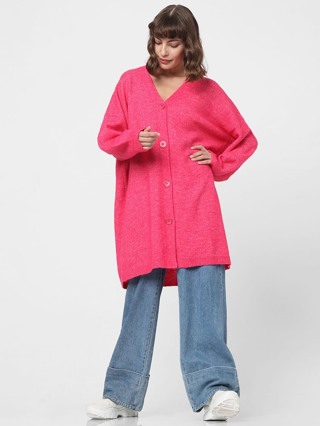 Hot Pink Buttoned Front Cardigan