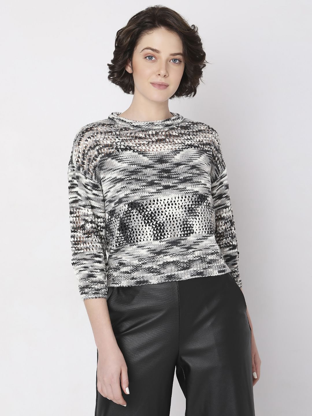 Black Printed Jacquard Knit Pullover
