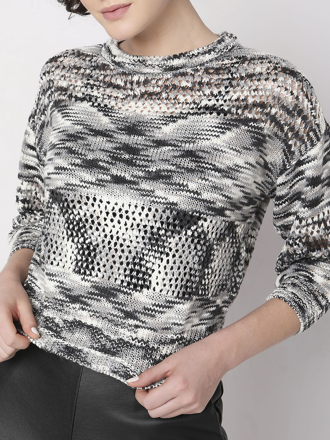 Black Printed Jacquard Knit Pullover