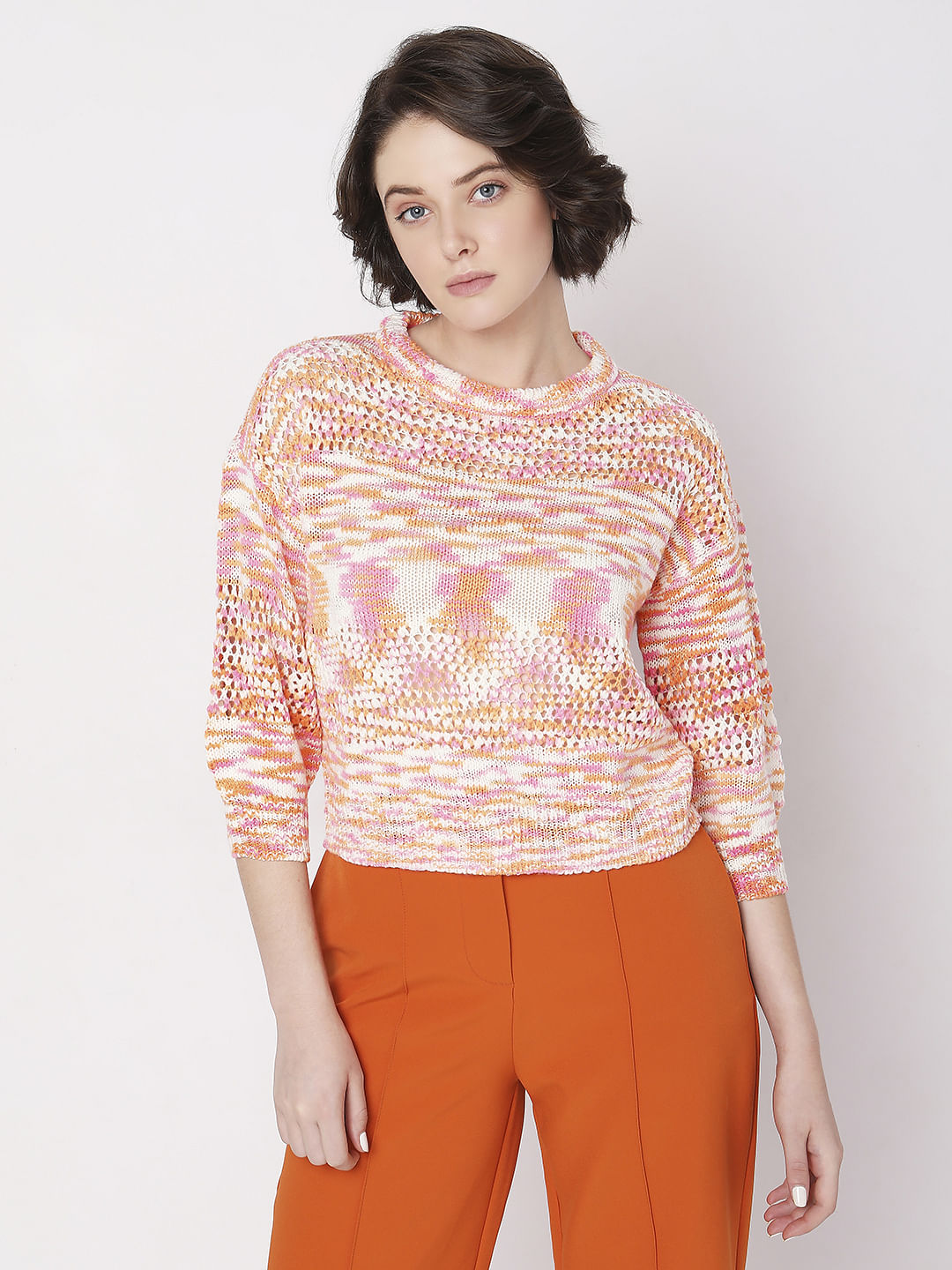 Orange Jacquard Knit Pullover