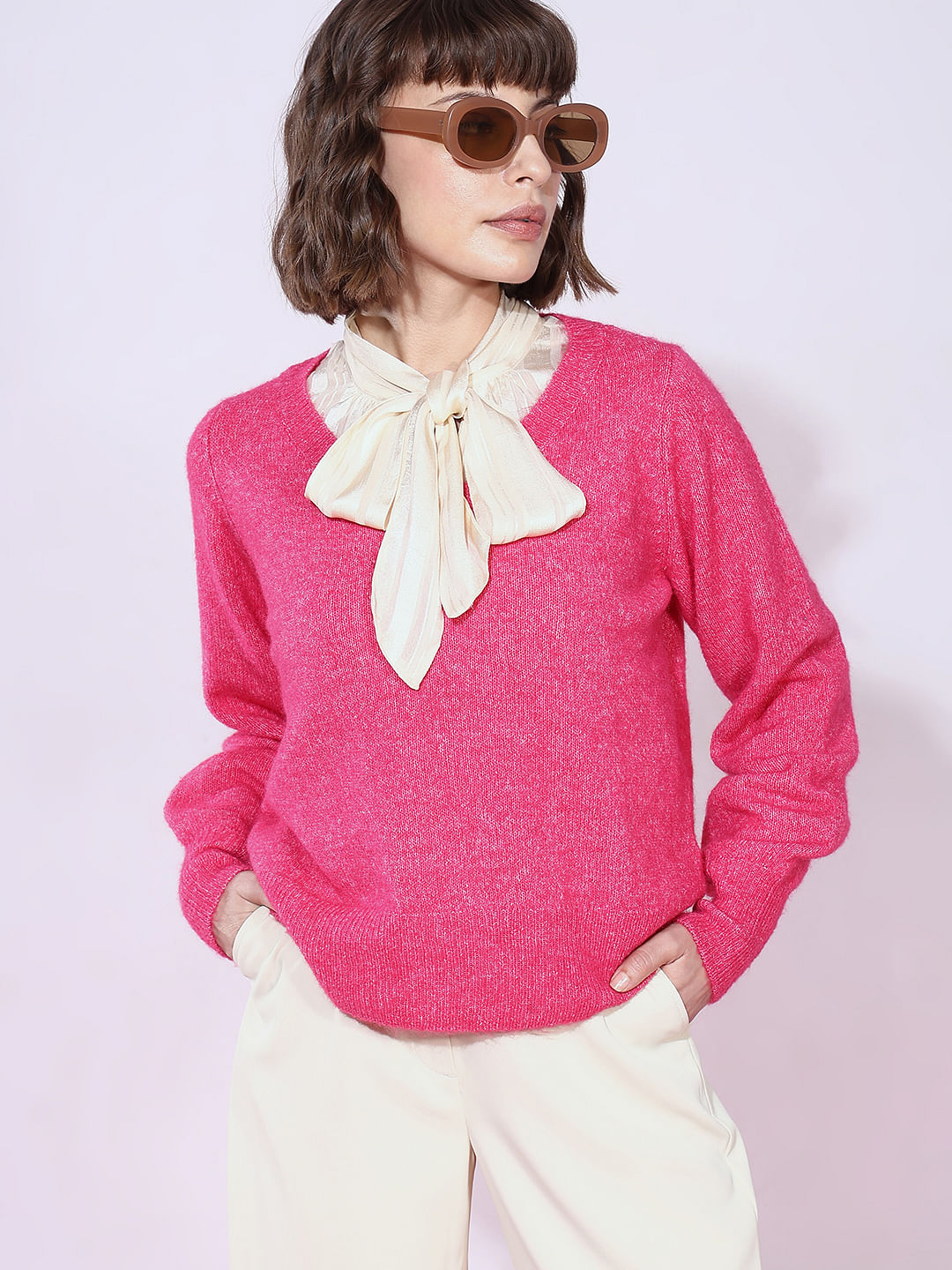 Fuchsia V-Neck Pullover