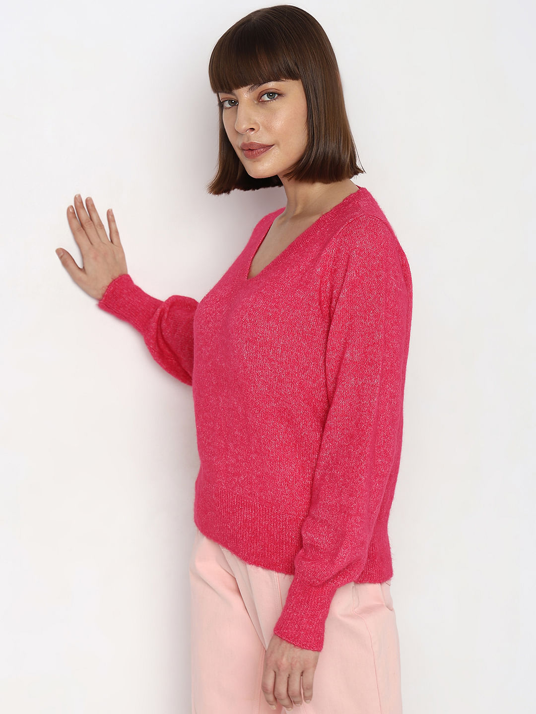 Fuchsia V-Neck Pullover