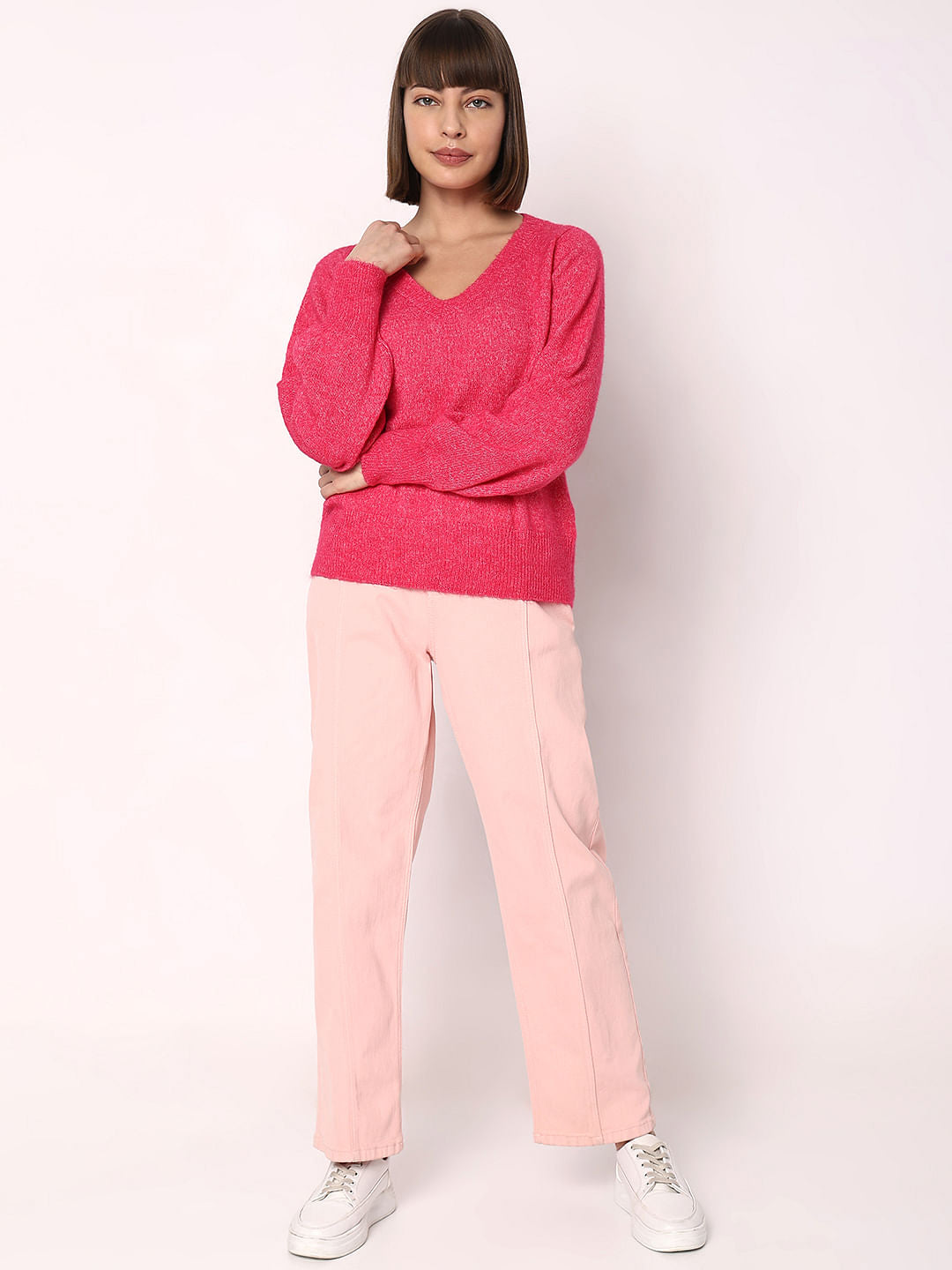 Fuchsia V-Neck Pullover