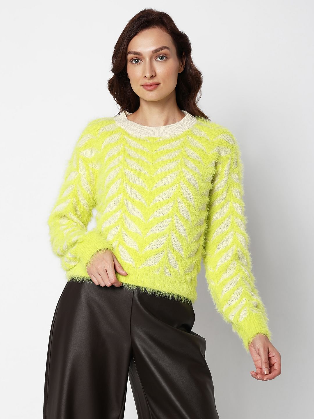 Lemon Green Fuzzy Yarn Pullover