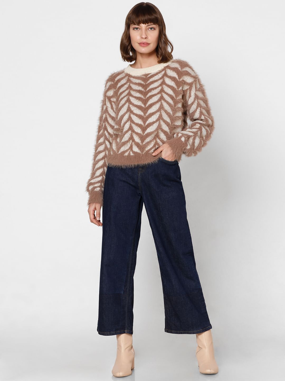 Brown Jacquard Fuzzy Pullover