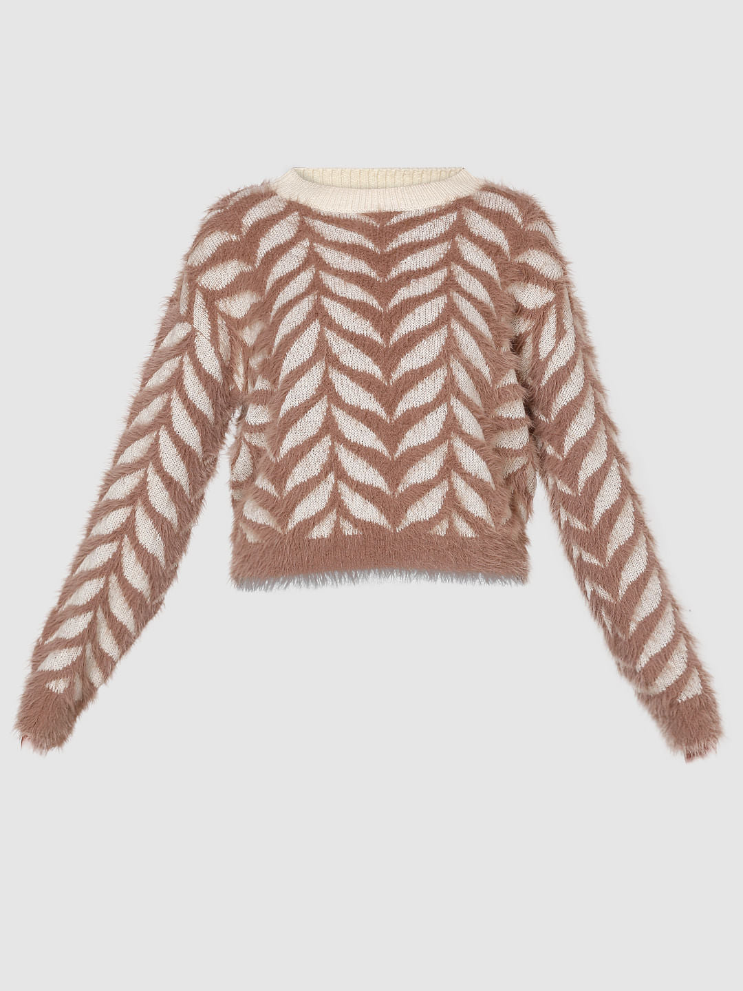 Brown Jacquard Fuzzy Pullover
