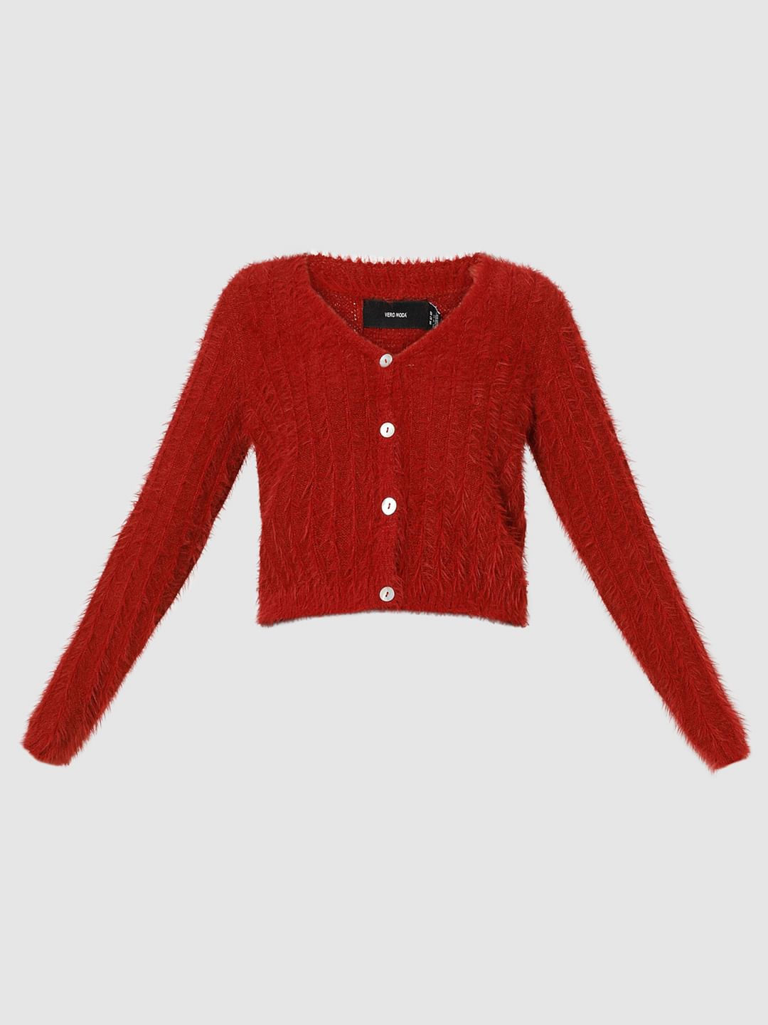 Red Fuzzy Detail Cardigan