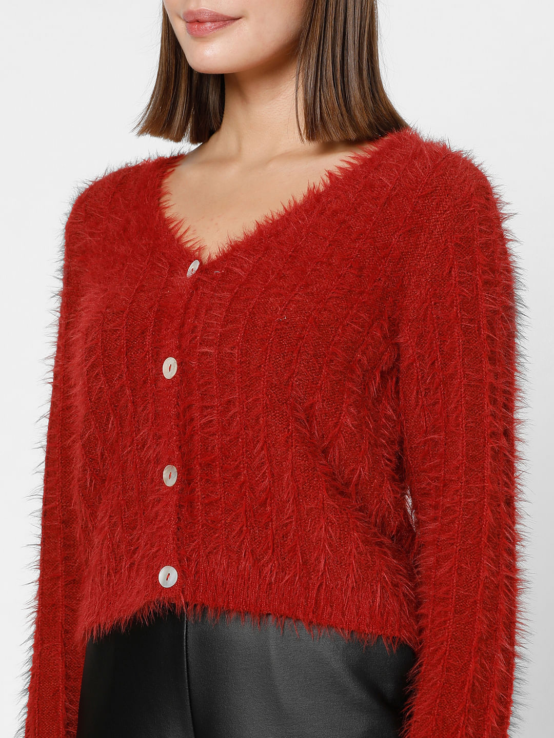 Red Fuzzy Detail Cardigan