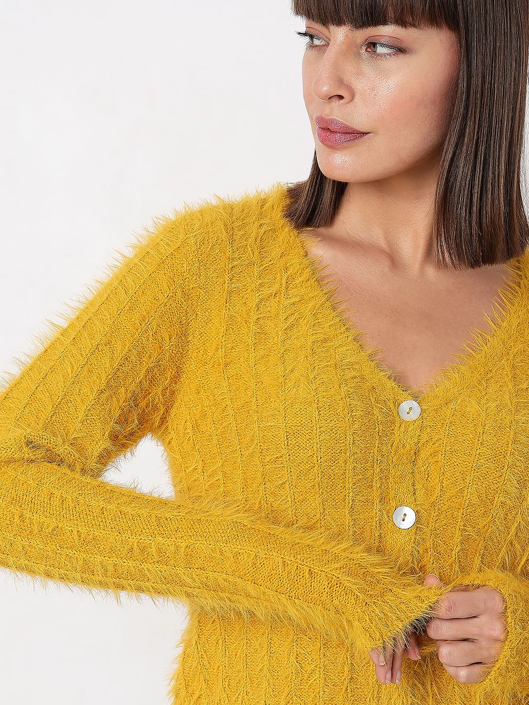 Yellow Fuzzy Detail Cardigan