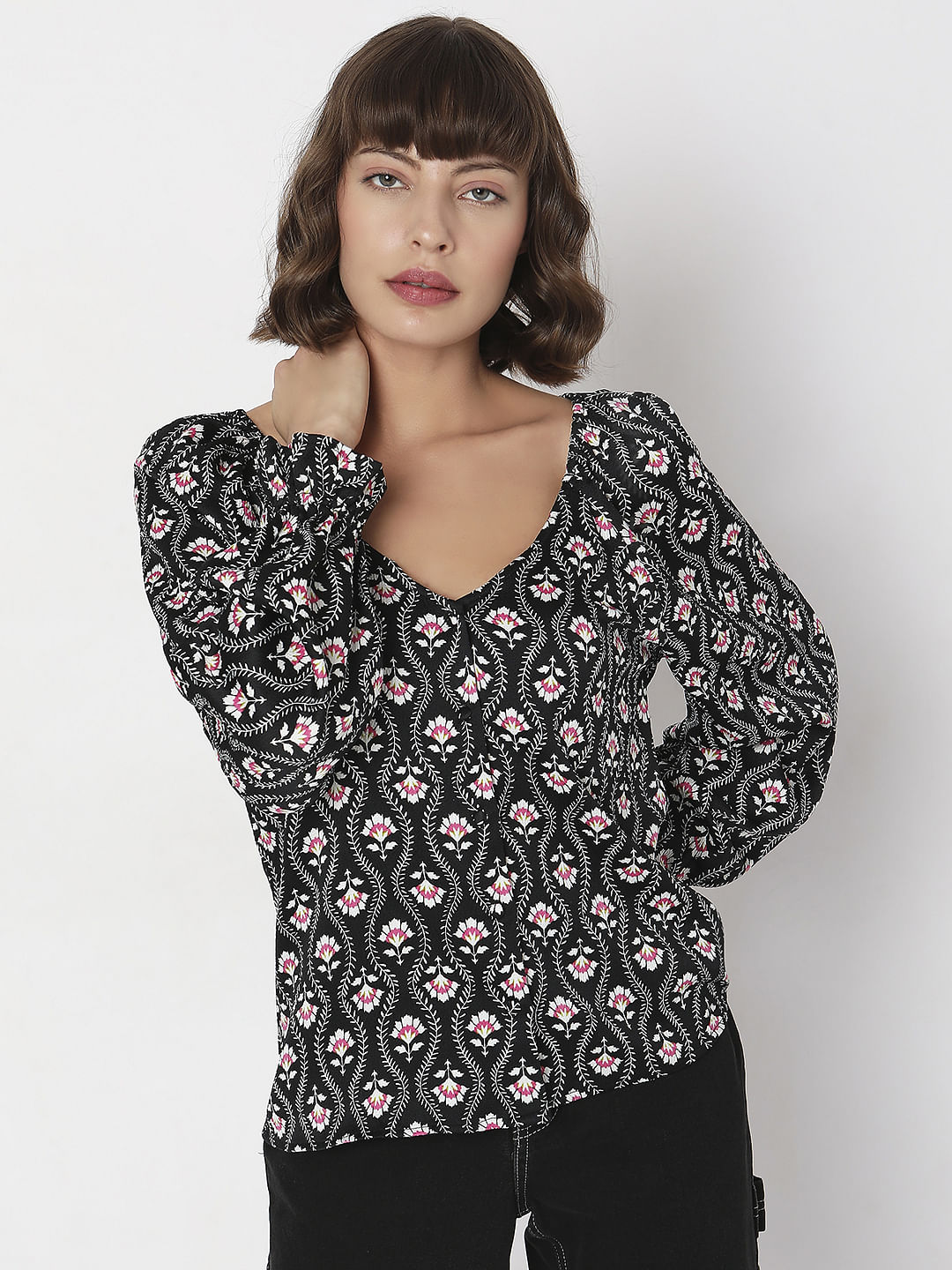 Black Floral Print Top
