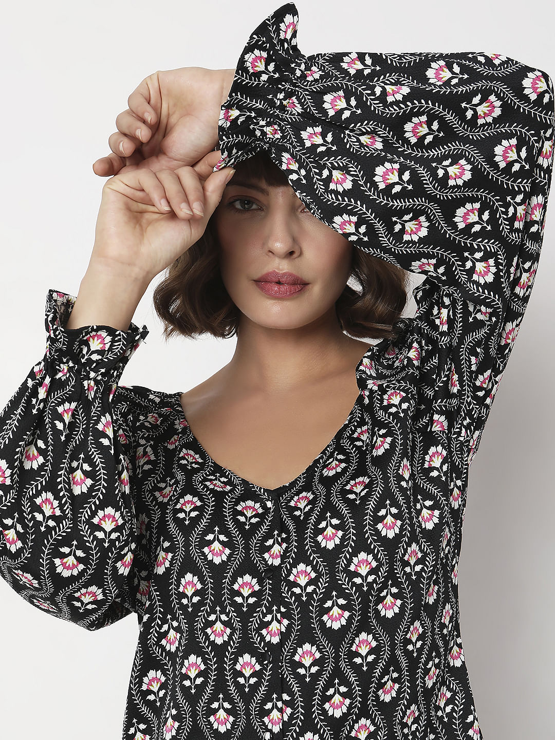 Black Floral Print Top