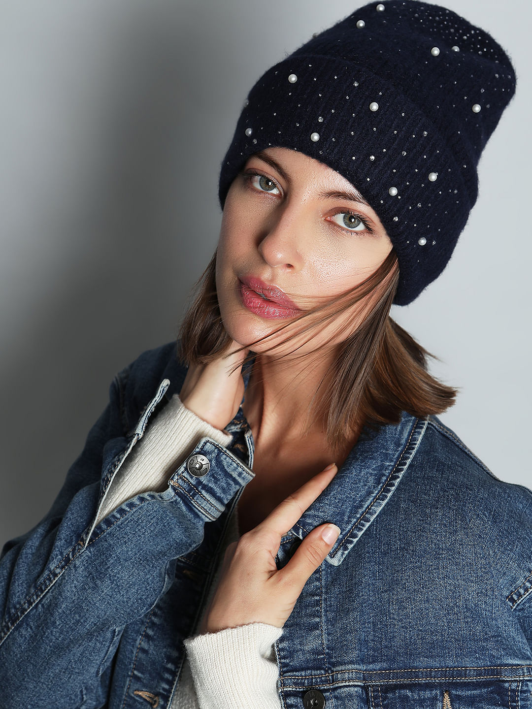 Navy Blue Embellished Beanie
