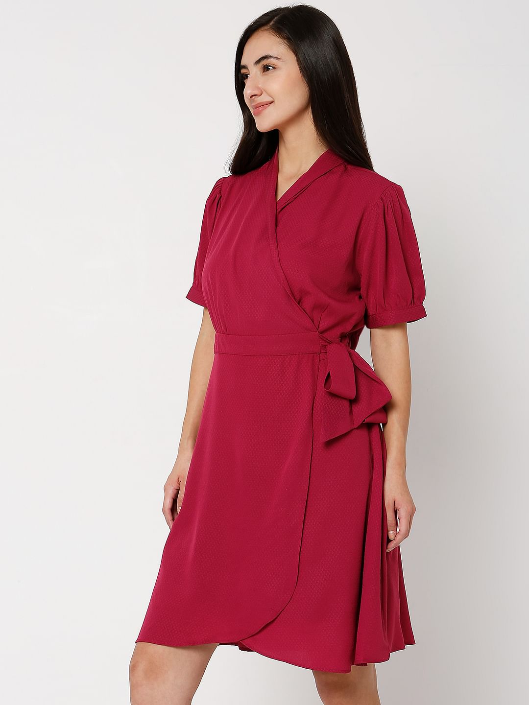 Dark Red V-Neck Wrap Dress