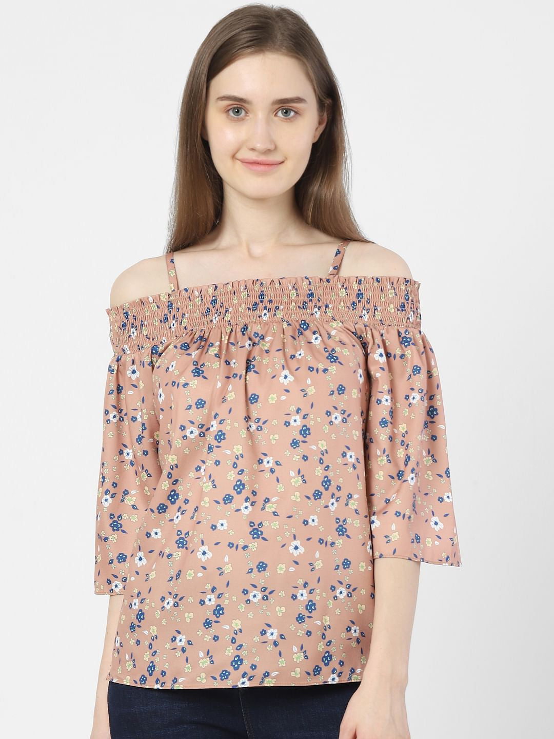 Beige Floral One Shoulder Top