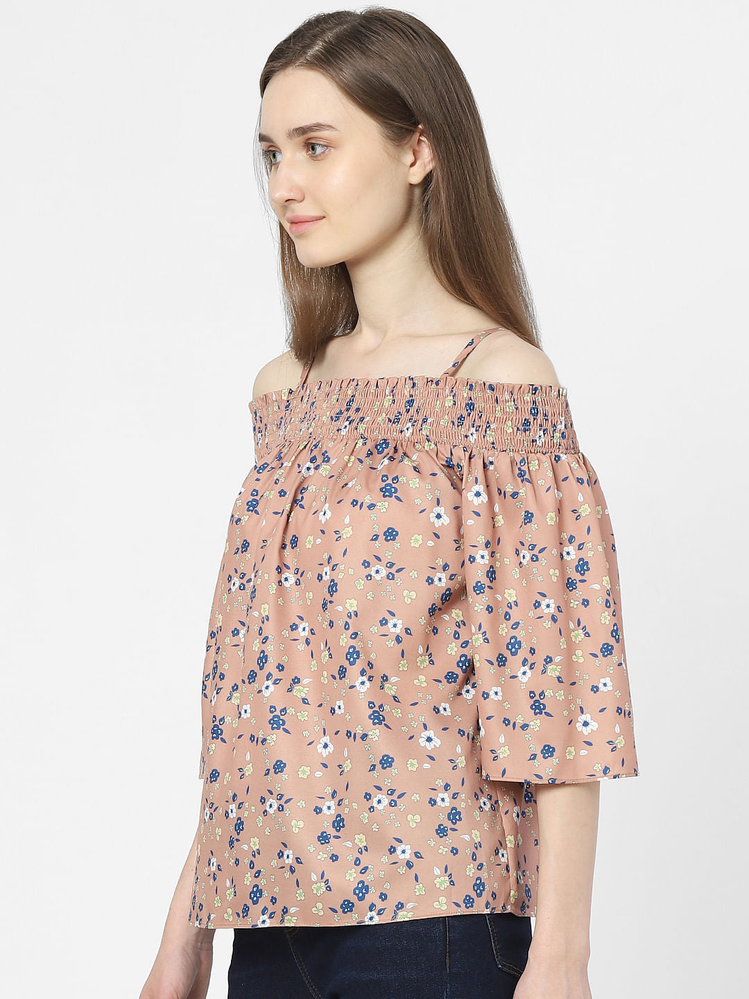 Beige Floral One Shoulder Top