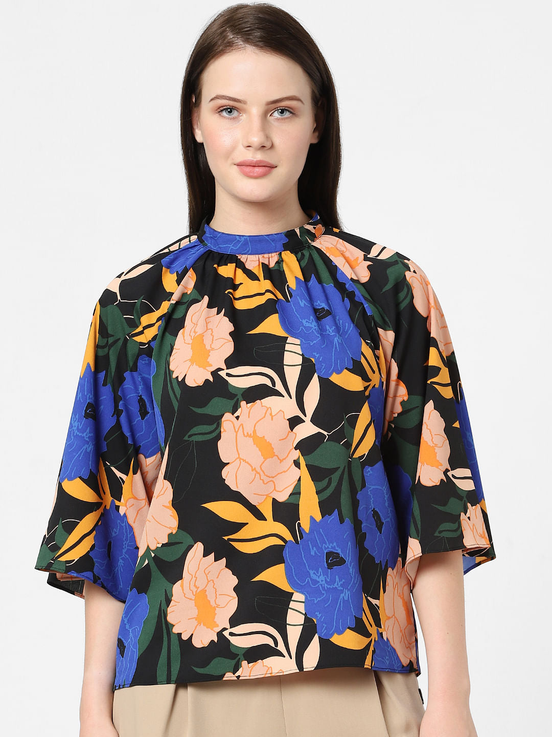 Black Floral High Neck Top