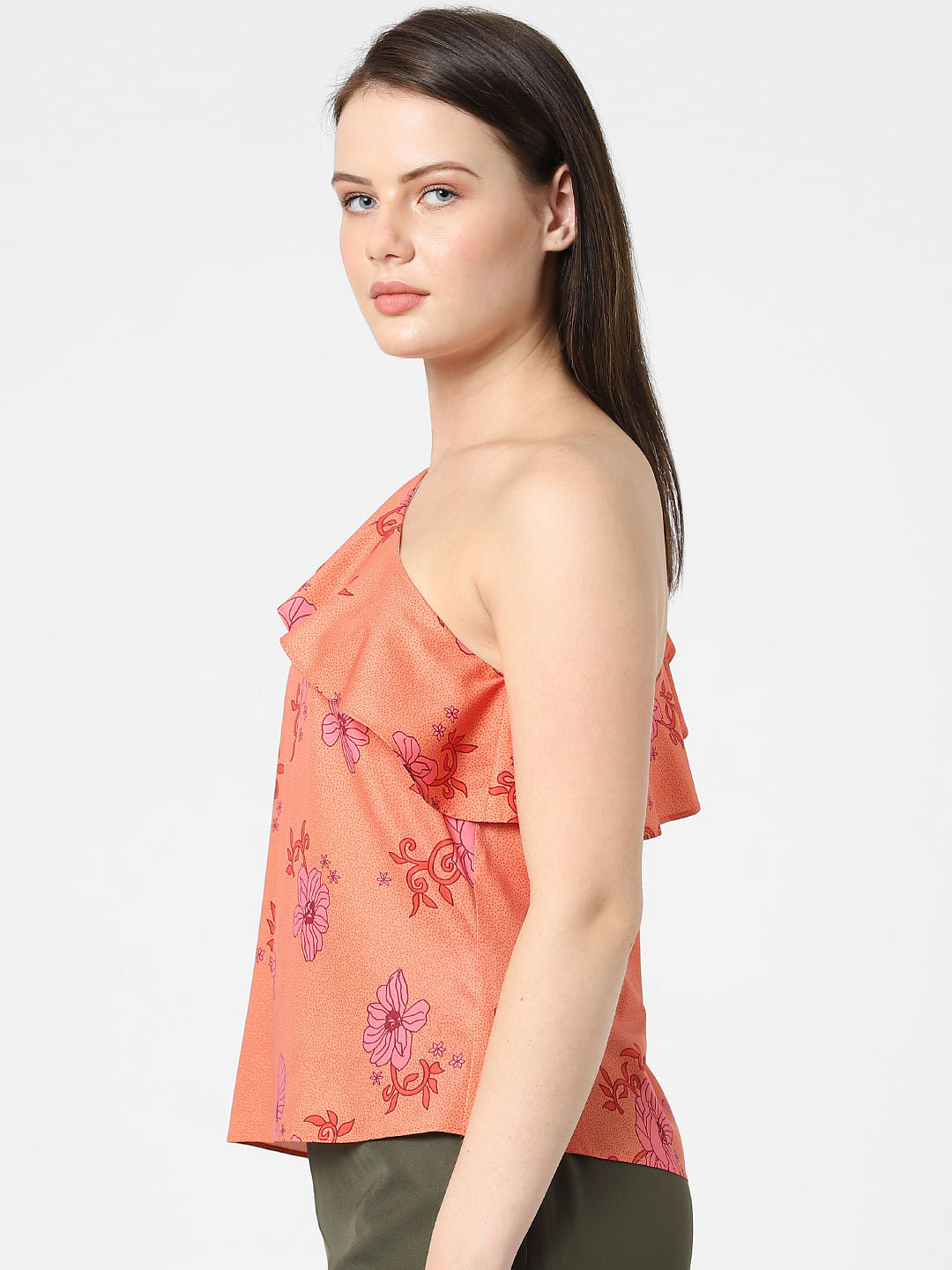 Orange Floral One-Shoulder Top