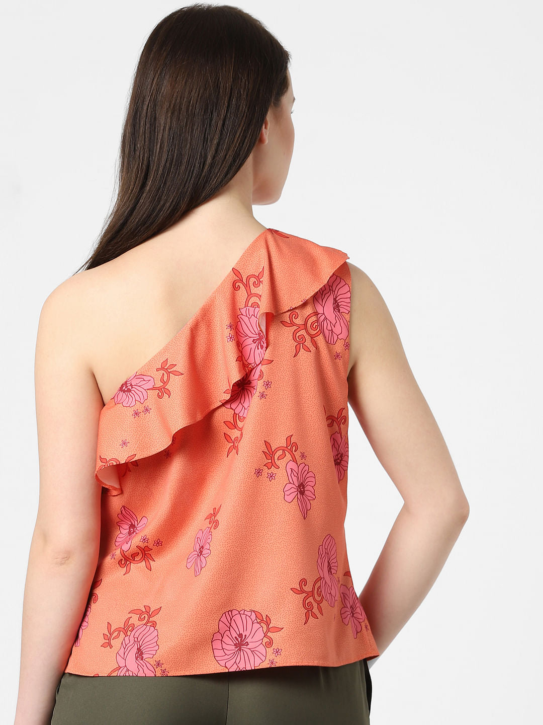 Orange Floral One-Shoulder Top