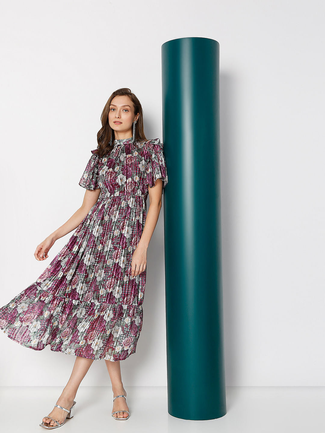 Pink Floral Print Midi Dress