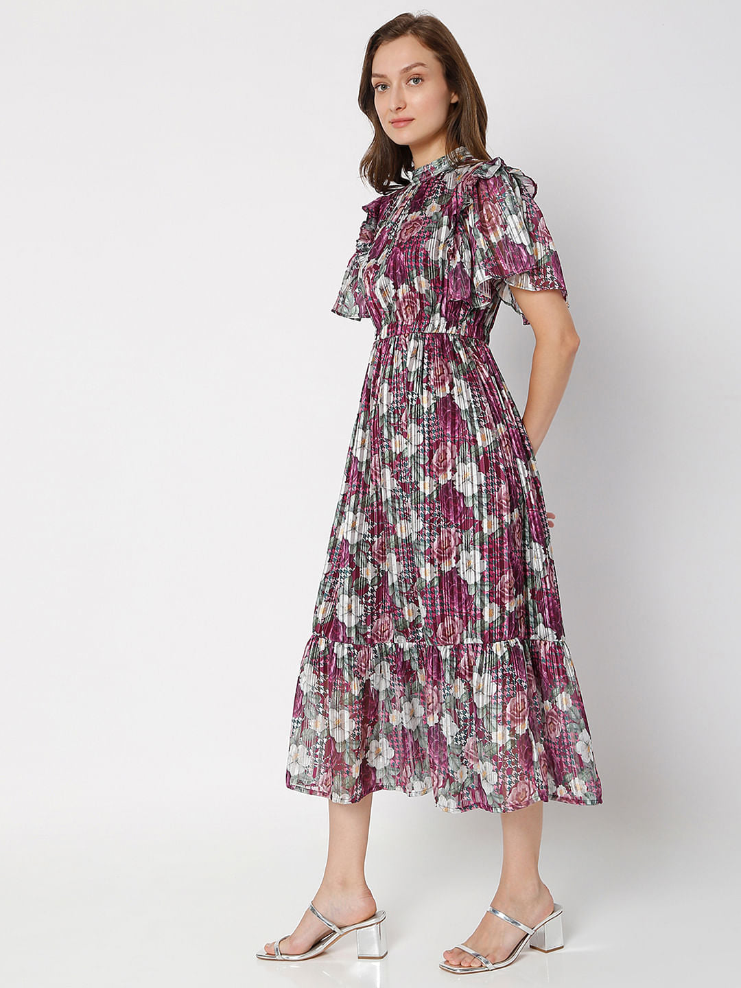 Pink Floral Print Midi Dress