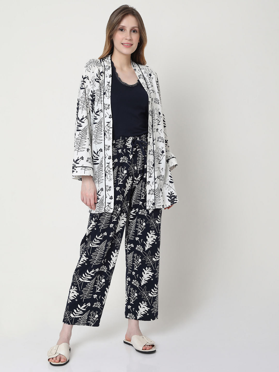 White Printed Jacket & Tank Top Pyjama Set