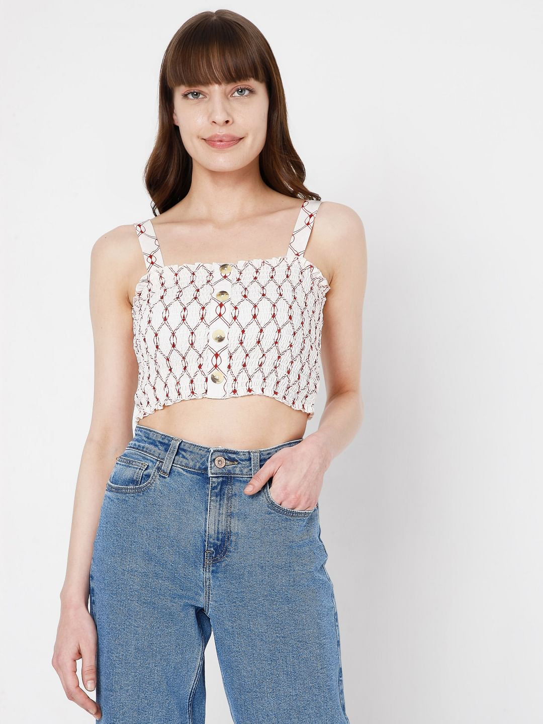 White Printed Cropped Top