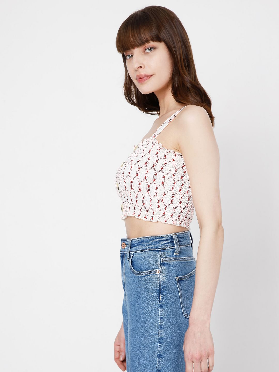 White Printed Crop Top