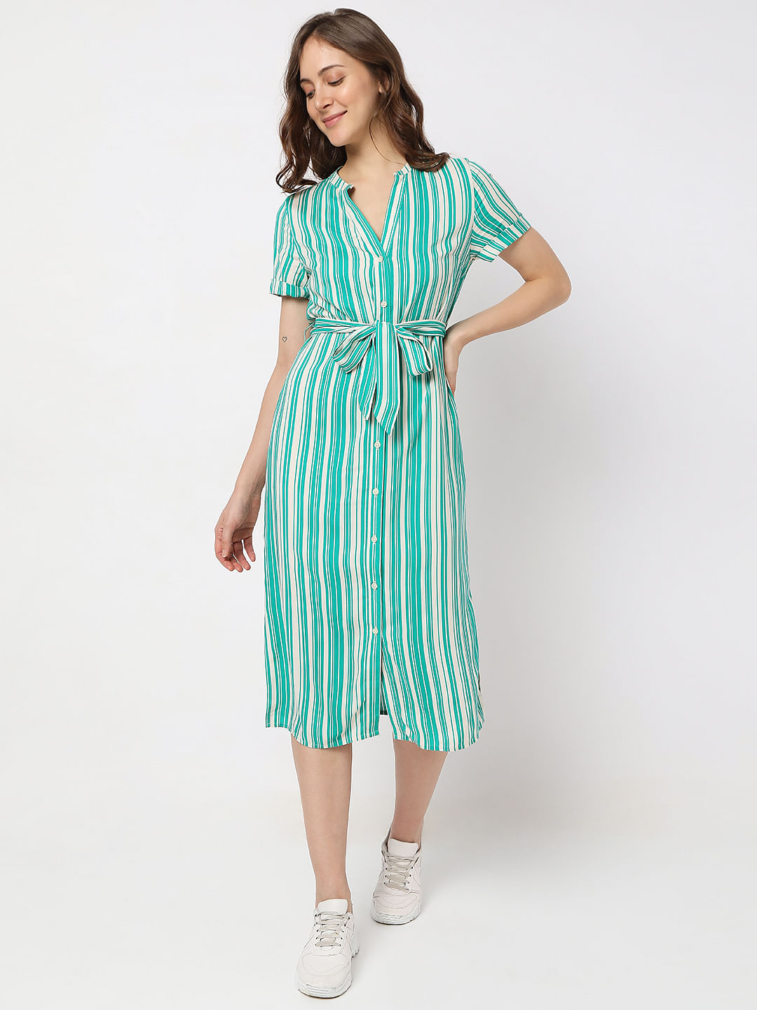Green Striped Shirt Dress