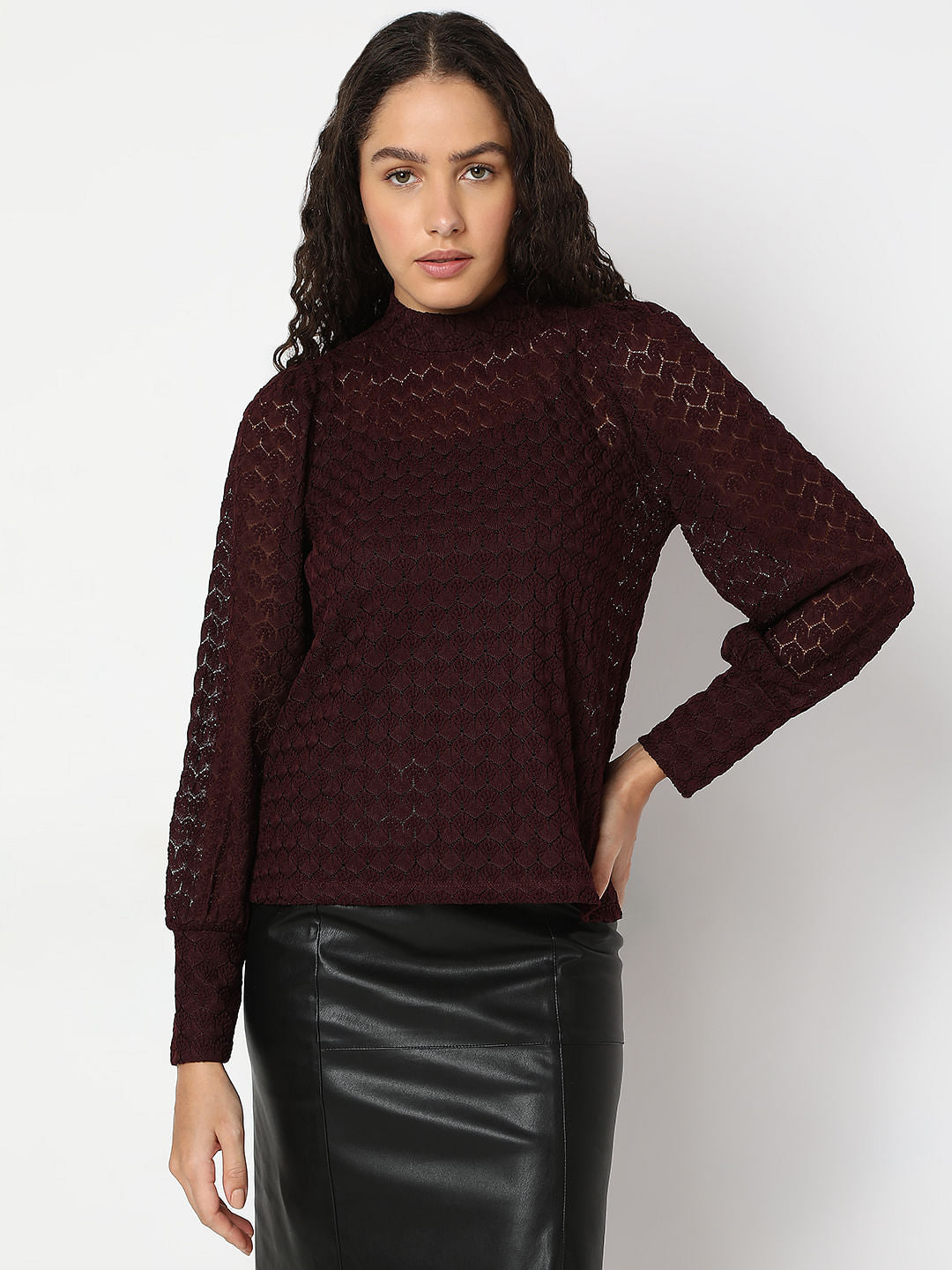 Maroon Lace High Neck Top