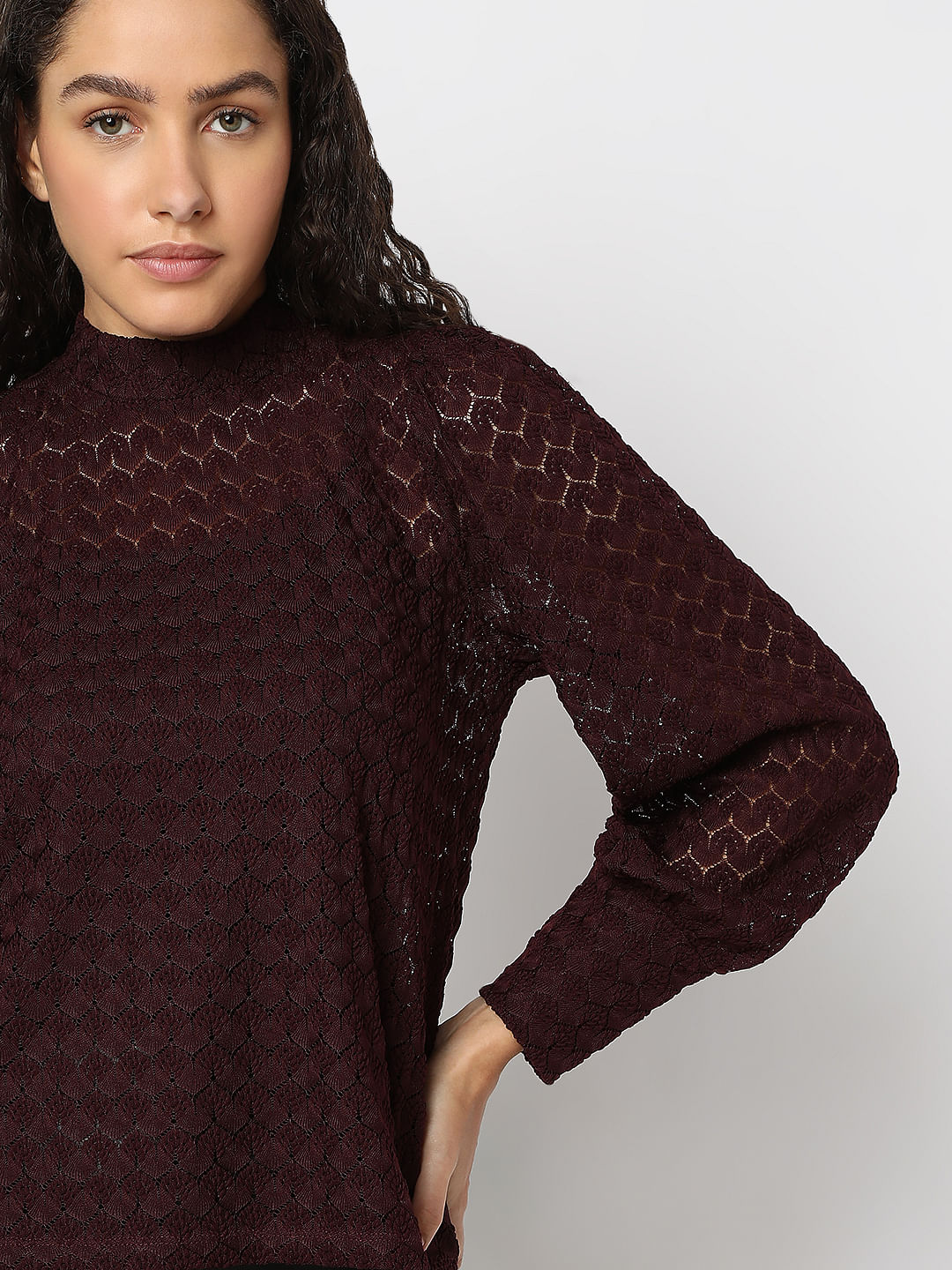 Maroon Lace High Neck Top