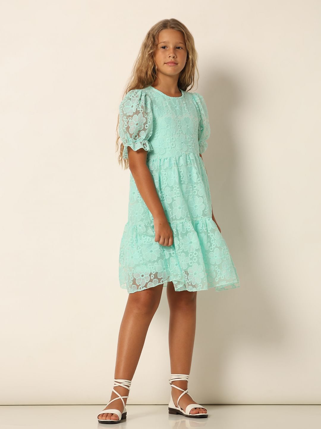 Girls Blue Embroidered Fit & Flare Dress