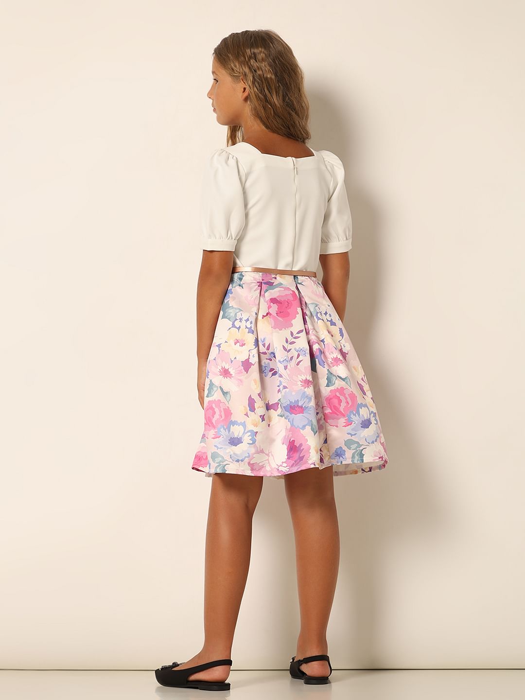 Girls White Floral Print Dress