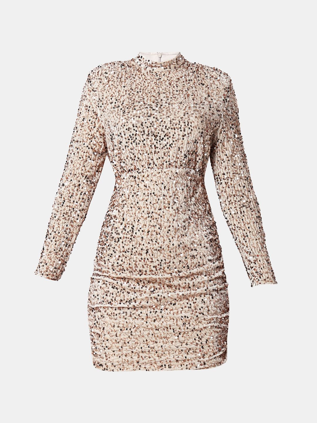 Beige Sequined Bodycon Mini Dress