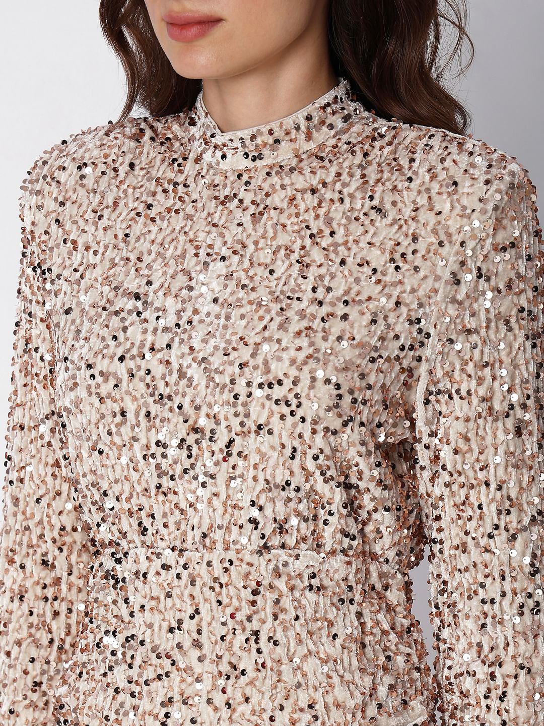 Beige Sequined Bodycon Mini Dress