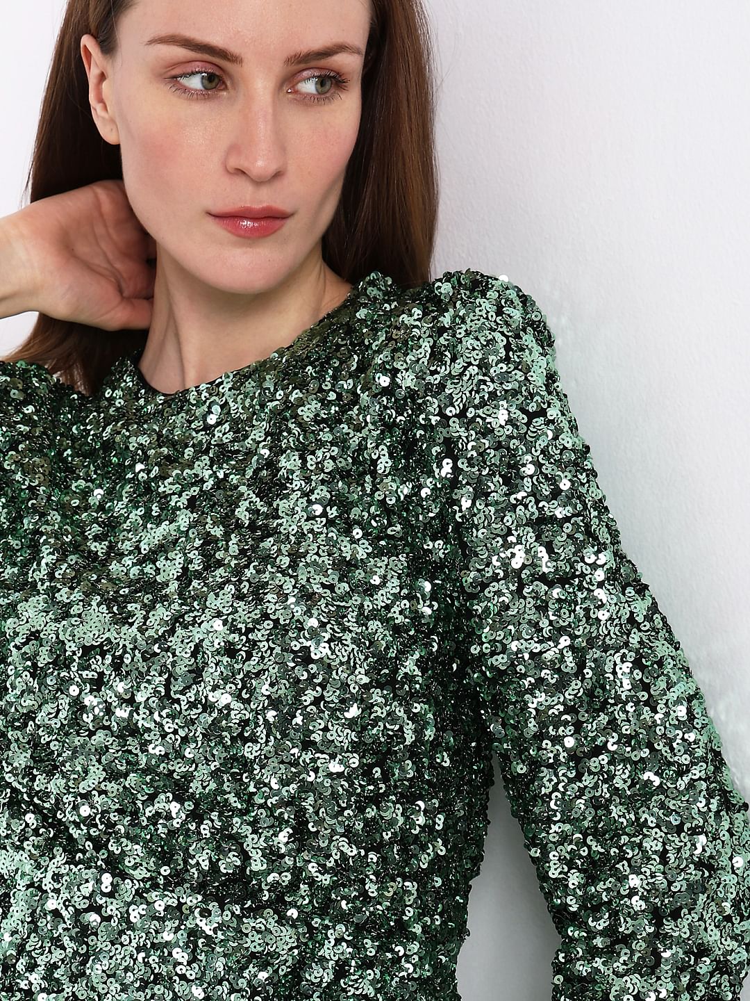 Green Sequin Detail Mini Dress