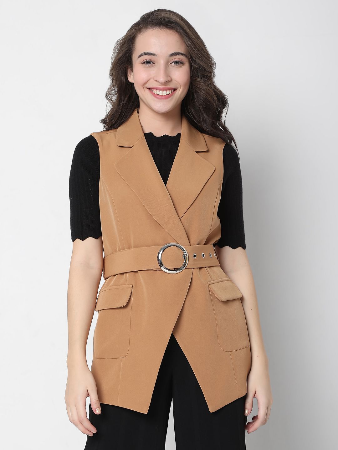 Brown Belted Sleeveless Blazer